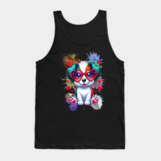 Rainbow Cute Dog Wearing Glasses Heart Puppy Love Dog Funny Tank Top